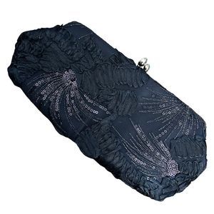 ADRIANNA PAPELL blue satin beaded clutch with optional shoulder chain strap